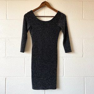 Topshop Black Sparkly Glittery Open Back Long Sleeve Bodycon Dress Women's Sz 2